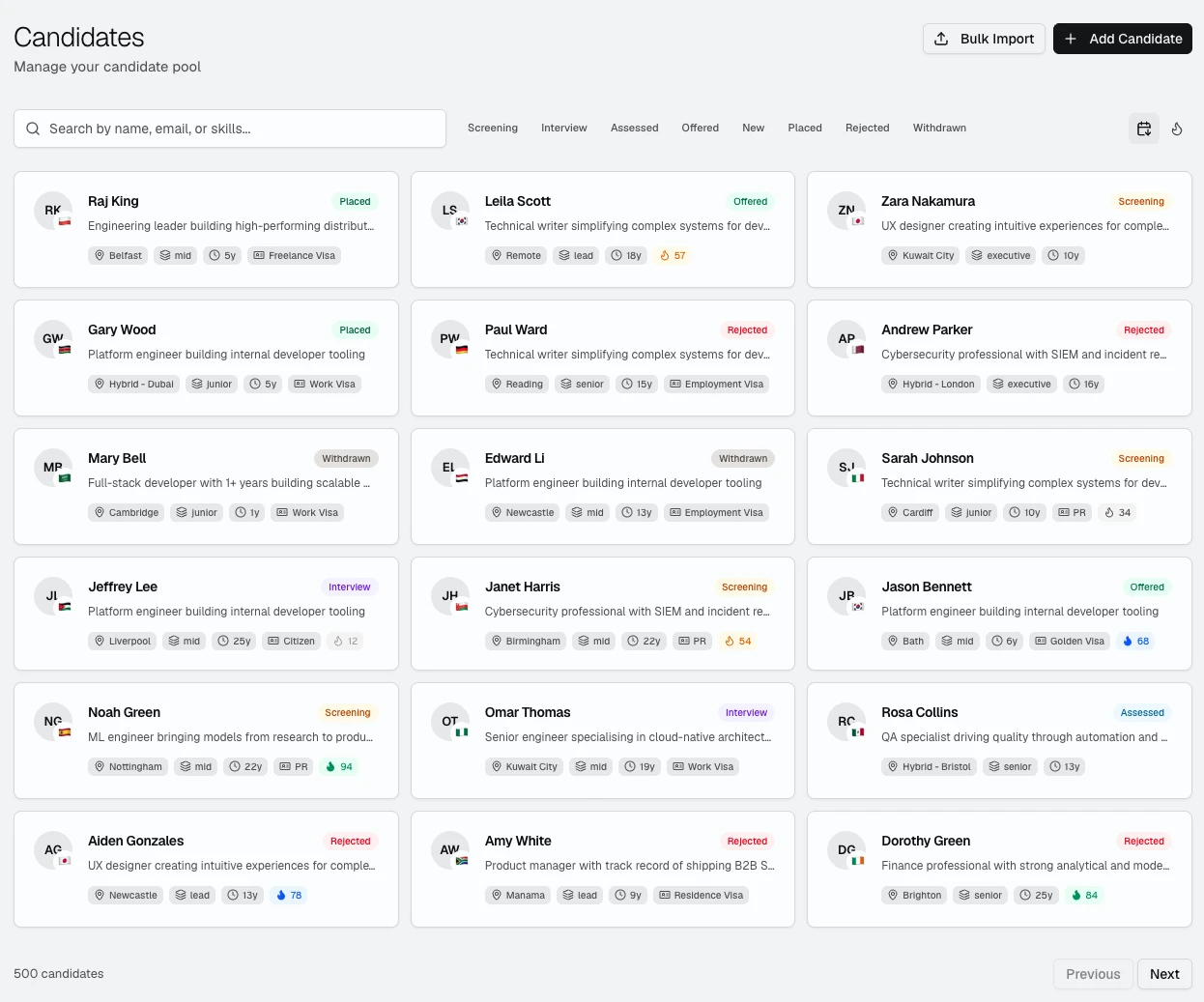Placr candidate portal showing mobile-first CV upload and application tracking